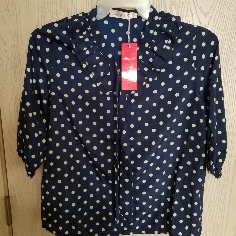 Allegra K blouse (navy blue/white)  w/ bow neck tie NWT size large